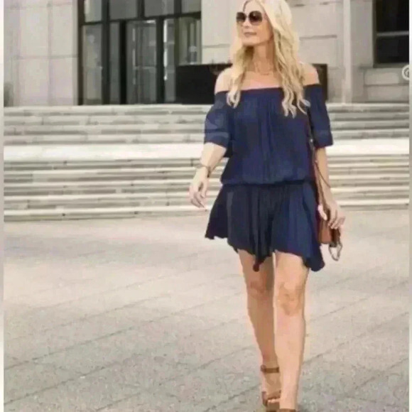 Ramy Brook Womens Jessica Off The Shoulder Mini Dress Size S Navy Asymmetric Hem - Picture 2 of 9